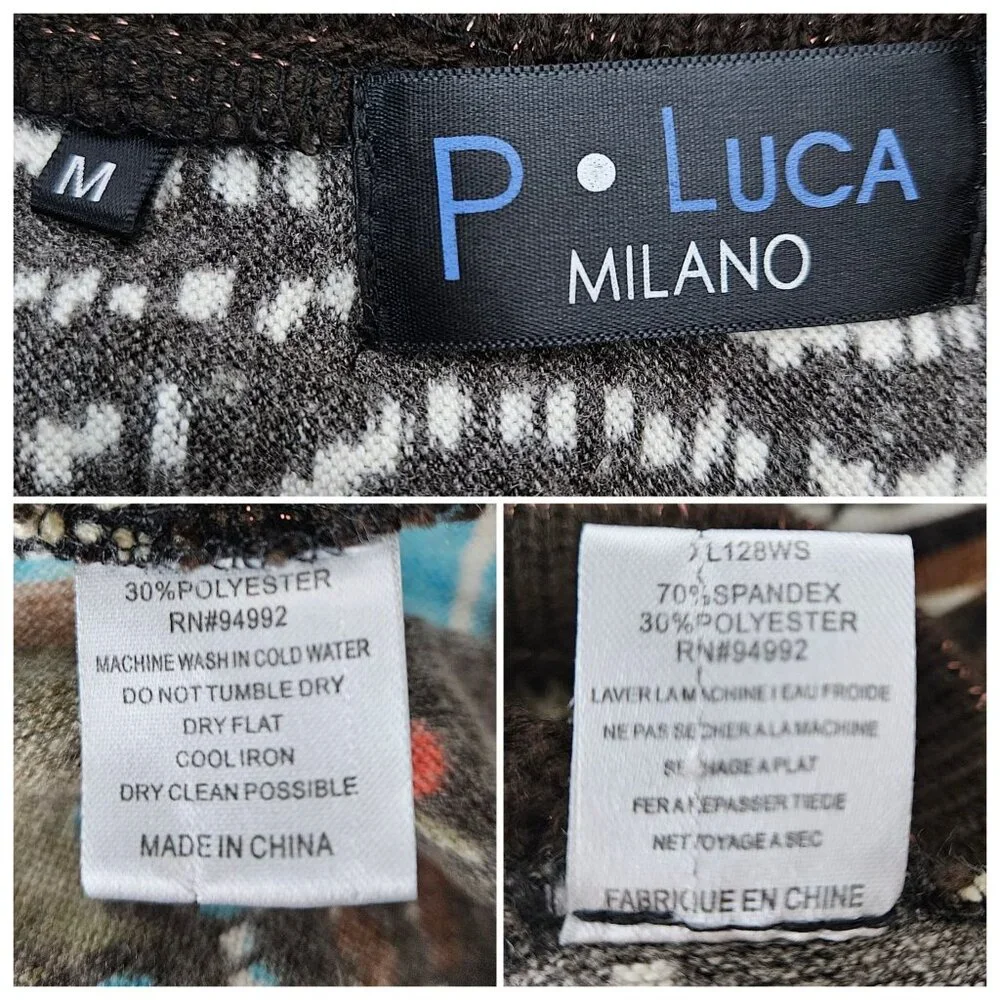 P. Luca Milano Midi Knit Dress Medium Brown Floral Sequin Bling Short Sleeve - Picture 10 of 11
